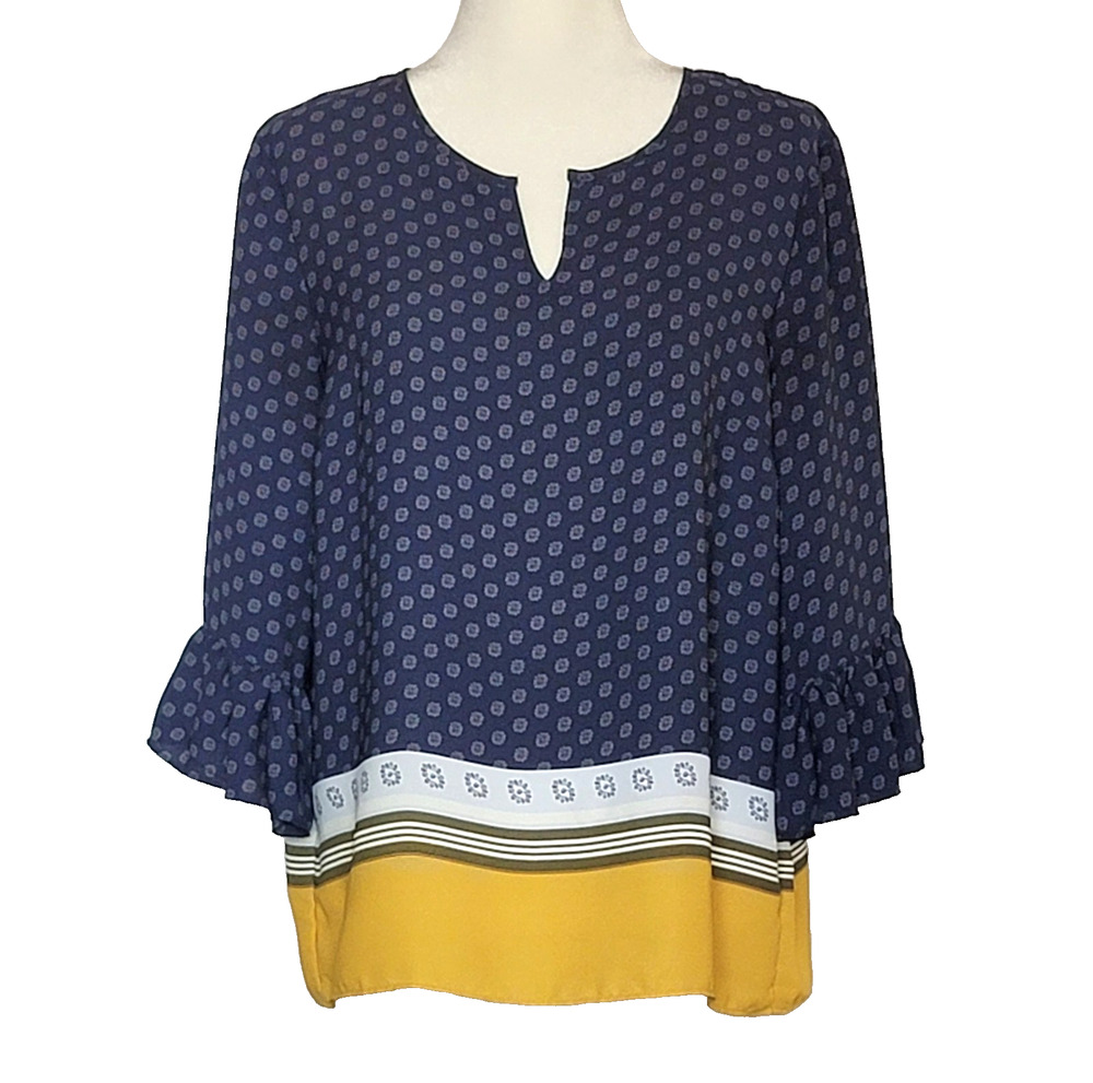 Boho ANN TAYLOR 3/4 Flutter Ruffle Sleeve V-Neck Navy Blue & Gold Blouse Size M